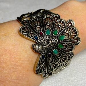 Vintage 1990s LUCKY BRAND Cuff Bangle - Statement Peacock Bangle Matte Silver